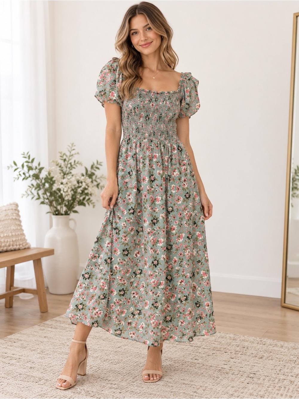 Garage Expression Sage Floral Smocked Maxi Dress – Size S - Picture 3 of 7